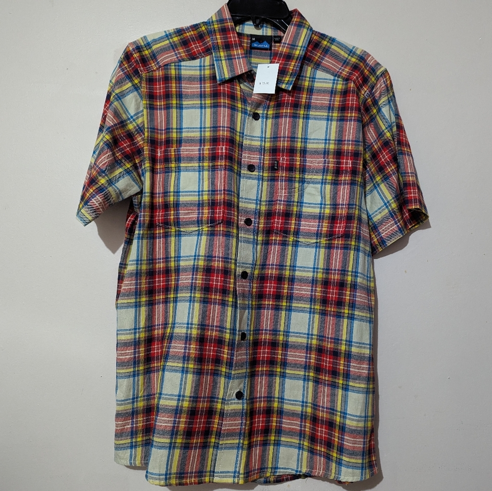KAVU Scotty Bob Preppy Short Sleeve Shirt Summer Plaid Button Up Size M New!